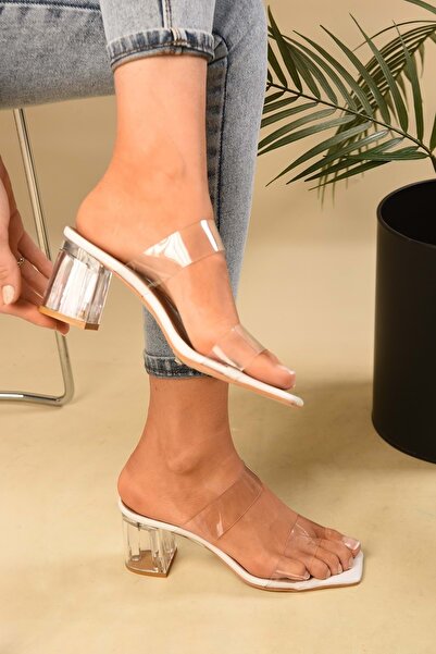 Shoeberry Dámské bílé transparentní pantofle na páskovém podpatku
