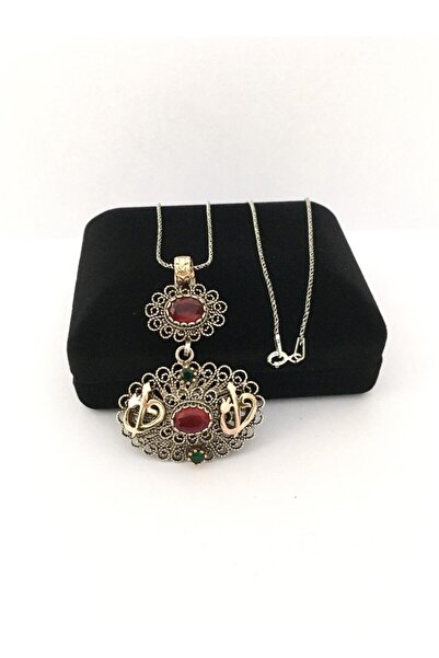 Tmt Silver Gümüş Telkari Kök Yakut Kırmızı Taşlı Vav Elif Harfi Kolye