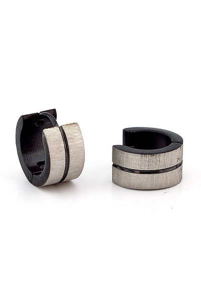 Solfera Black Striped Gray Color Thick Hoop Steel Men's Earrings E903