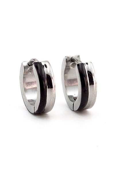 Solfera Men's Earrings E917 - Black and White Stripe, Stainless Steel Hoop