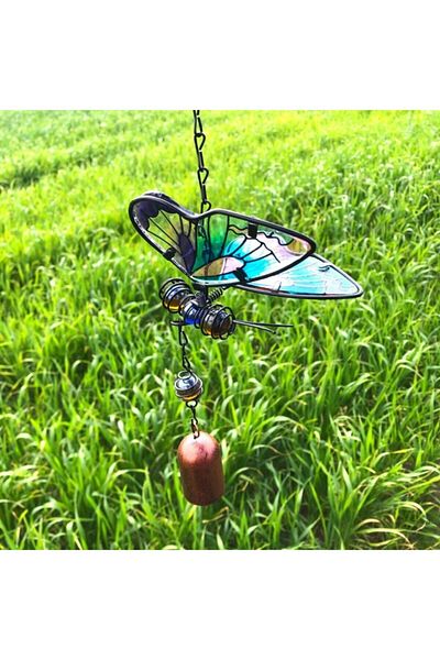 ArtemisSeramik Wrought Iron Colored Bell Lilac Winged Butterfly Wind Chime Garden Balcony Ornament