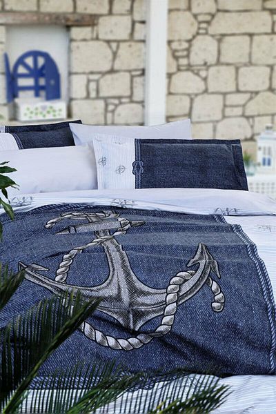 Özdilek Anchor Denim Navy Blue Single Pique Set with Elastic Sheet