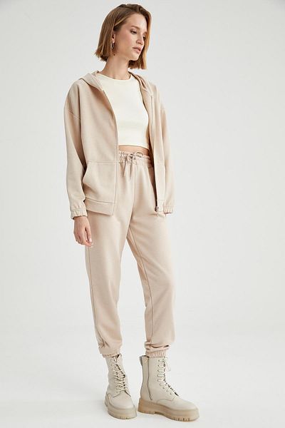 DeFacto Beige Relax Fit Women's Sweat Cardigan with Hood and Kangaroo Pocket - T7118Az21Sp