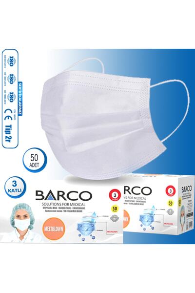 Barco Maske-beyaz 3 Katlı Telli Yüksek Filtrasyonlu, Cerrahi Yüz Maskesi (1 K...