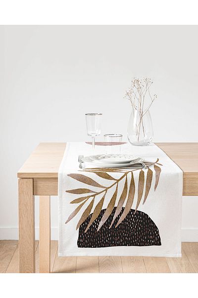 Realhomes Μοντέρνο Suede Runner με αφηρημένη εικονογράφηση σε λευκό φόντο και μοτίβα φεγγαριού και φύλλων