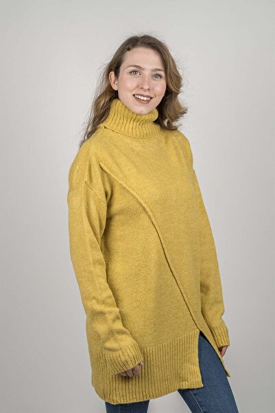 Yosun triko Kadın Sarı Yırtmaç Detay Triko Tunik