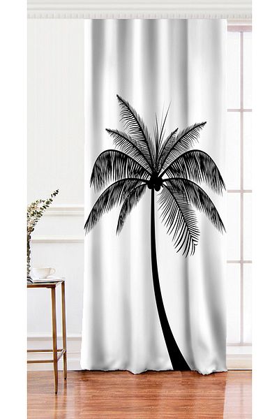 Realhomes Perdeau de fundal imprimat digital cu design special cu model de palmier negru pe fundal alb cu o singură aripă