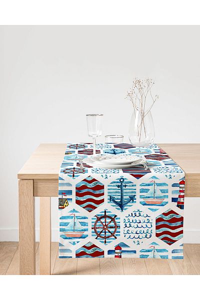 Realhomes Claret Red Blue Sailor Motif Digital Printed Suede Runner