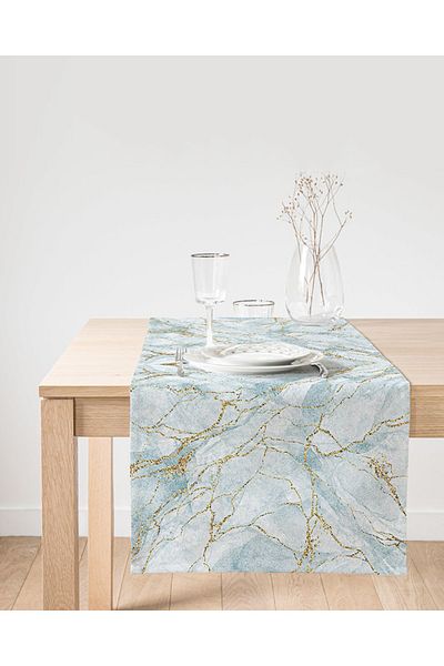 Realhomes Ψηφιακό τυπωμένο ειδικό σχέδιο Suede Runner με χρυσό ριγέ μπλε φόντο