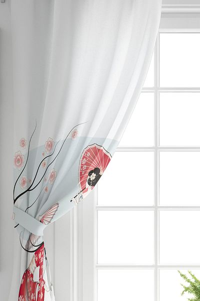Realhomes Umbrelă detaliată cu ramură cu aripă dublă Fete japoneze Perdeau de fundal imprimat digital modern