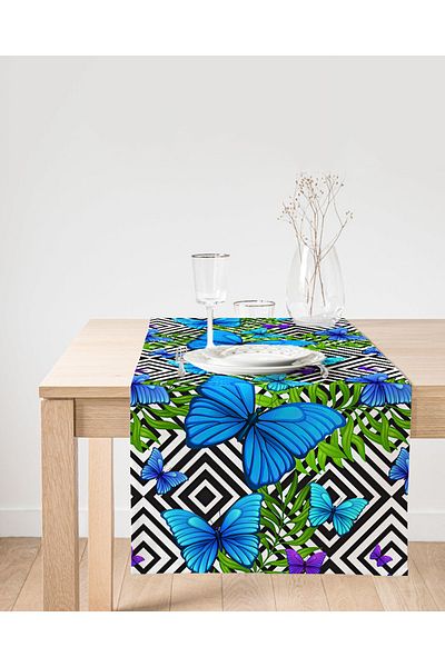Realhomes Alergăr din piele de căprioară cu design special imprimat fluture albastru cu fundal geometric