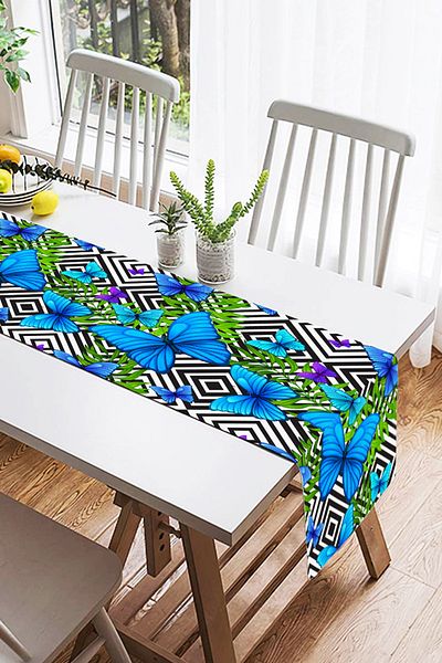 Realhomes Alergăr din piele de căprioară cu design special imprimat fluture albastru cu fundal geometric