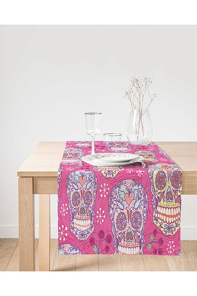 Realhomes Skull Digital Printed Suede Runner με ροζ φόντο