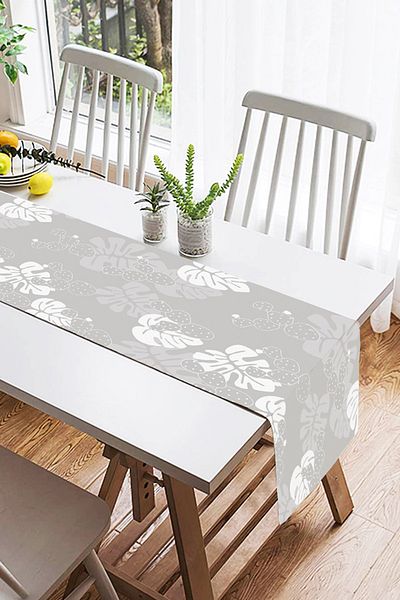 Realhomes Ψηφιακή τυπωμένη ειδική σχεδίαση Suede Runner με μοτίβο λευκών φύλλων σε γκρι φόντο