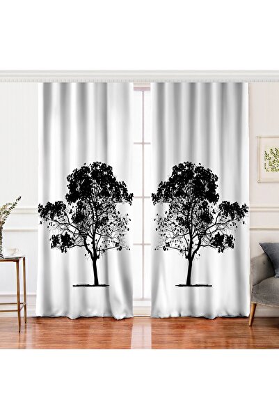 Realhomes Çift Kanat Doğa Çizimli Ağaç Motifli Dijital Baskılı Fon Perde
