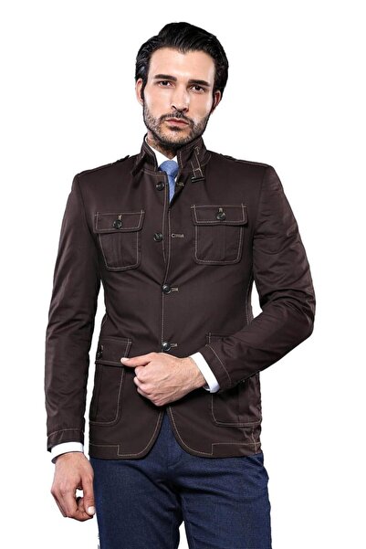 Wessi Erkek Kahverengi Hakim Yaka Slim Fit Cepli Düğmeli Trençkot