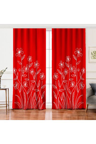 Realhomes Double Wing Digital Printed Background Curtain with Flower Pattern on Red Background
