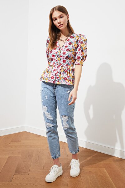 Trendyol Collection Többszínű szövött ballon ujjú V-nyakú virágos ing TWOSS21GO0555