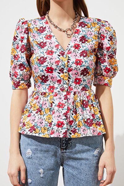 Trendyol Collection Többszínű szövött ballon ujjú V-nyakú virágos ing TWOSS21GO0555