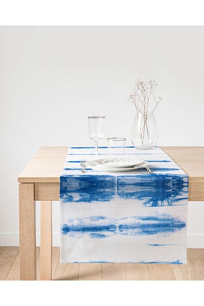 Realhomes Runner modern din piele intoarsa imprimat digital de culoare albastru si alb
