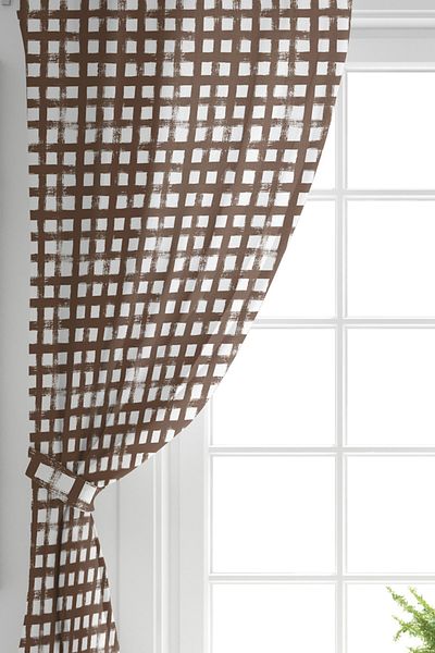 Realhomes Geometric Square Motif Digital Printed Background Curtain on Single Wing Brown Backdrop