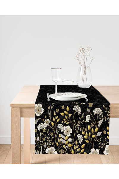 Realhomes Model floral detaliat auriu, imprimat digital, design special, alergător din piele intoarsa pe fundal negru
