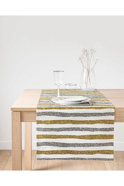Realhomes Ψηφιακή τυπωμένη ειδική σχεδίαση Suede Runner με χρυσές και μαύρες ρίγες σε λευκό φόντο