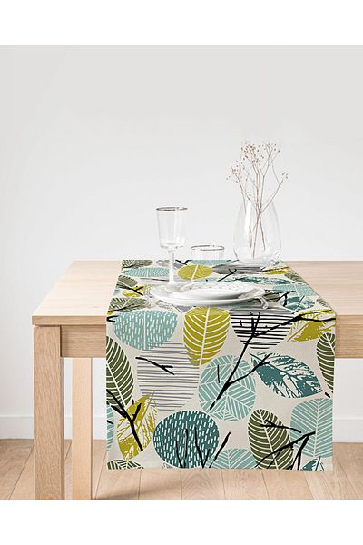 Realhomes Ψηφιακό τυπωμένο σχέδιο Suede Runner με μοτίβο φύλλων σε λευκό φόντο