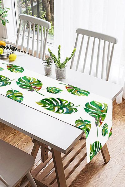 Realhomes Alergăr din piele intoarsa cu design special, cu frunze de palmier, în acuarelă