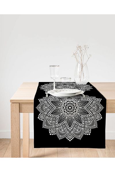 Realhomes Runner decorativ din piele intoarsa cu design mandala alb-negru