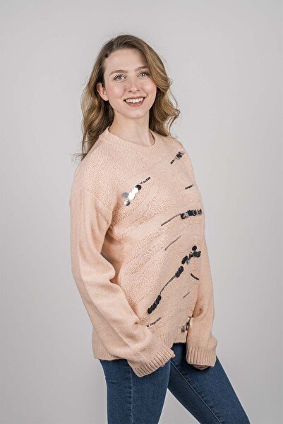 Yosun triko Kadın Pudra Bisiklet Yaka Pullu Triko Kazak