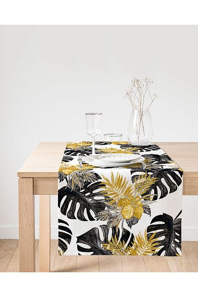 Realhomes Ψηφιακό τυπωμένο σχέδιο Suede Runner με χρυσή λεπτομέρεια και μοτίβο φύλλων σε λευκό φόντο
