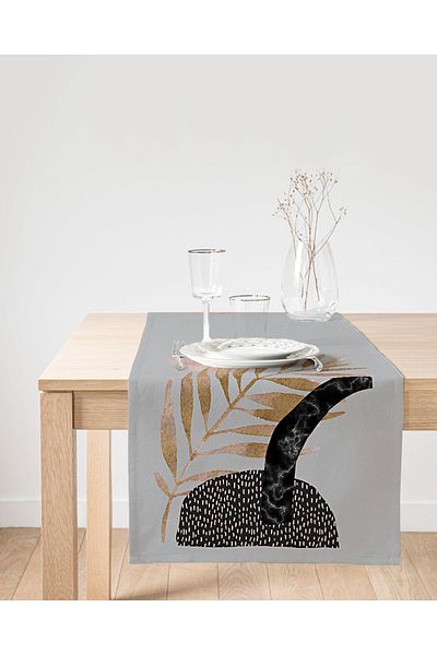 Realhomes Aleer decorativ din piele intoarsa cu motiv cu frunze de aur pe fundal gri