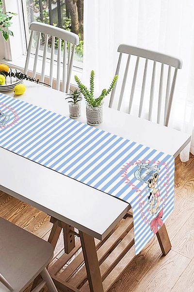Realhomes Blue Stripes Fashion Girl Digital Printed Διακοσμητικό Suede Runner