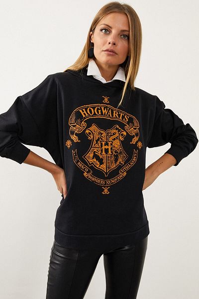 AQE FASHION Hanorac negru Hogwarts pentru damă, cu imprimeu text