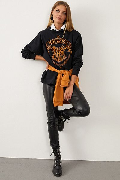 AQE FASHION Hanorac negru Hogwarts pentru damă, cu imprimeu text