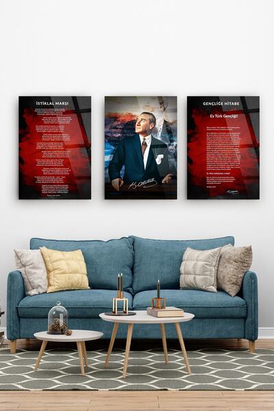 SRD Concept Atatürk 3'lü Set 1 Cam Tablo ( Atatürk-istiklal Marşı-gençliğe Hitabe )