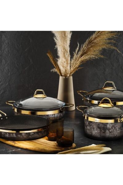 Brioni Royal Stone 7 Parça Kum Taşı Ve Altın Taş Granit Tencere Seti