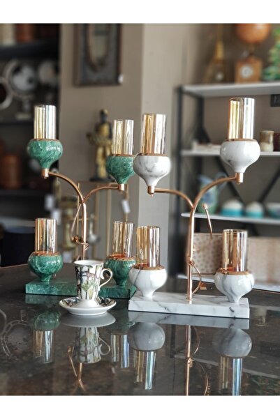 Le Atölye Mermer Desen 4'lü Şamdan Beyaz