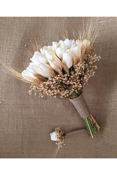 Evsay Kadın Ekru Yapay Islak Lale Gelin Buketi