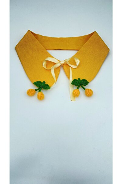 White Alamode Kiraz Motifli Sarı Keten Yakalık