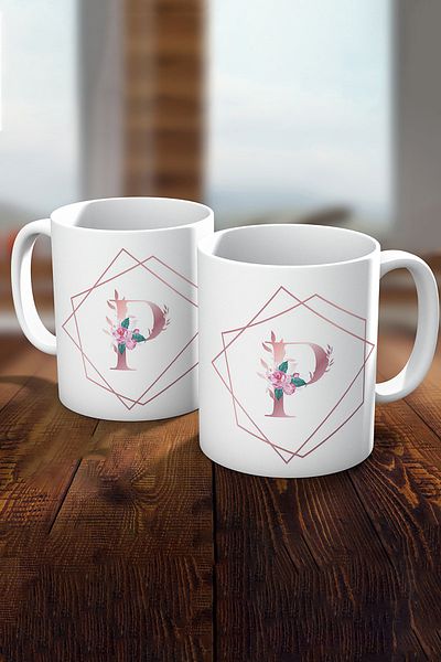 Biz Dijital Gold Rose P Letter Printed Gift Mug Cup