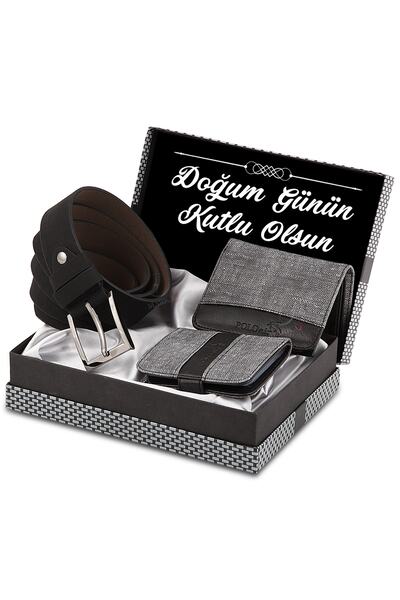 Poloair Erkek Gri Doğum Günün Kutlu Olsun Yazılı Set Kemer Cüzdan Kombin
