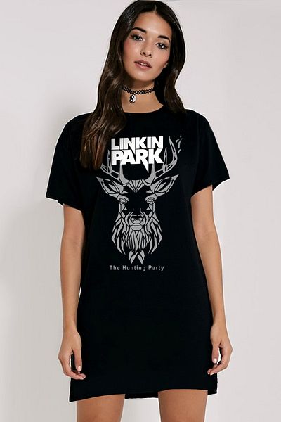 ROCKANDROLL Rochie tricou din bumbac pieptănat cu mânecă scurtă, neagră, geometrică, cerb