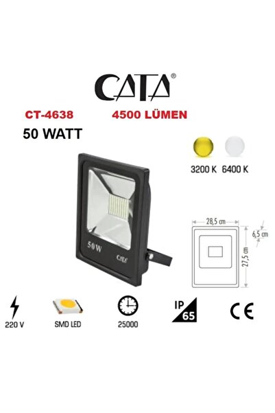 Cata Led Projektör 50w 6400 Kelvin 4500 Lm Beyaz Işık Ip65 Alüminyum Kasa Smd Led Projektör Ct-4638