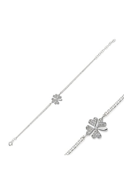 erkoç gold & silver Kadın 925 Ayar Gümüş Taşlı Yonca Bileklik