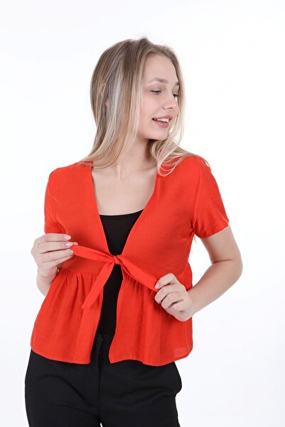 DISENTIS MODEST Кораловий жіночий болеро - з зав'язкою спереду і короткими ру...