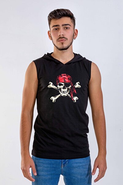 Raf Coll Tricou negru fără mâneci cu glugă cu imprimeu pirat unisex