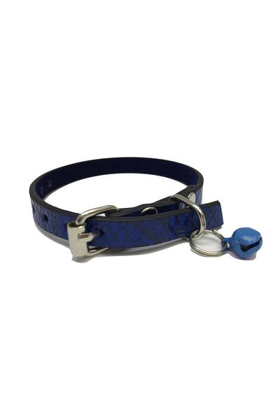 Elite Saks Blue Patterned Leather Cat Collar with Bell