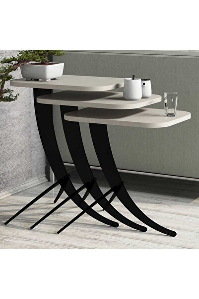 Variant Mobilya Pion Metal Ayaklı 3 Lü Zigon Sehpa - Krem